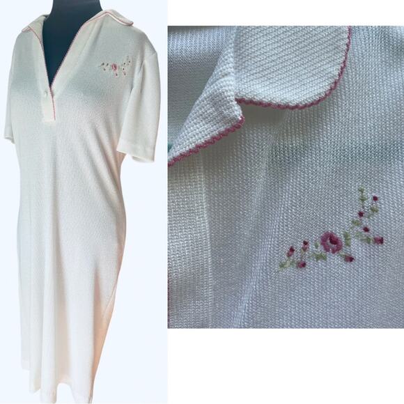 Vtg Knit Feminine Dainty Floral Embroidered Cottage Tennis Core Coquette Dress M - Picture 1 of 11